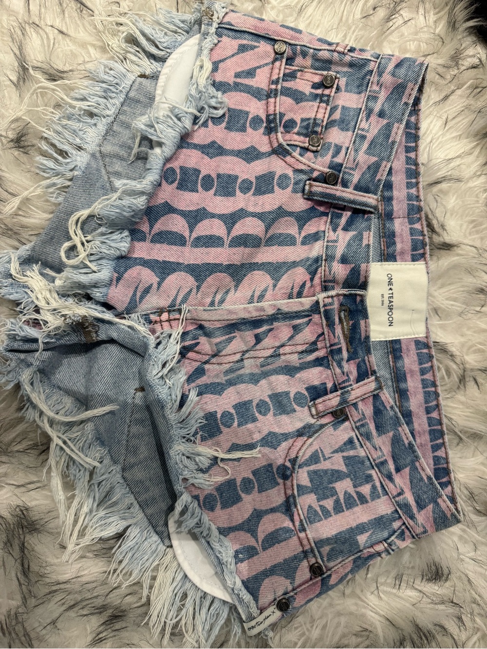 One Teaspoon Pink and Blue Patterned Distressed Jean Shorts